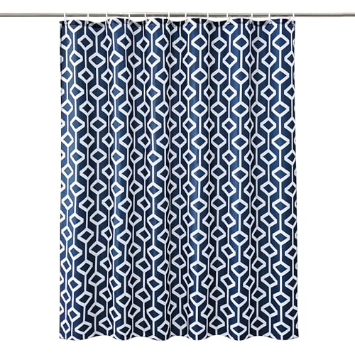 Trimming Shop Geometric Design Shower Curtain - Navy Blue Polyester Fabric Bathroom Curtain, Mould Resistant, With 12 Hooks, Washable 180x200cm Long Shower Liner, Blackout Design for Stylish Bathroom