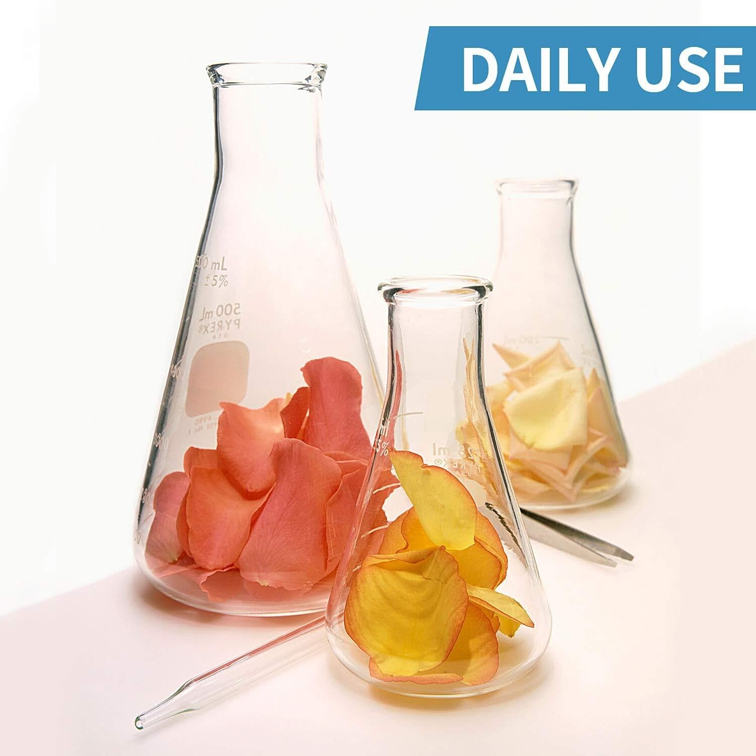 Juego de Matraces Erlenmeyer - 3 Matraces de Vidrio de Borosilicato (250ml, 150ml, 50ml) con Tapones de Goma para Experimentos de Laboratorio