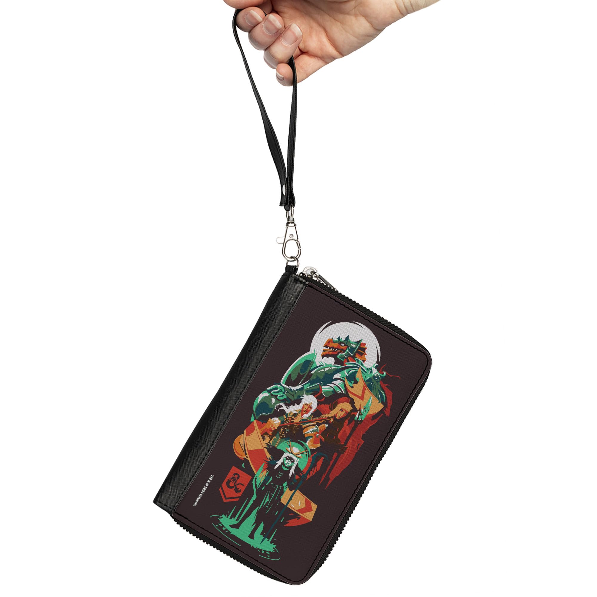 Buckle-Down Wizards of the Coast Wallet, Zip Around, Dungeons and Dragons Character Collage Brown Multi Color, Vegan Leather