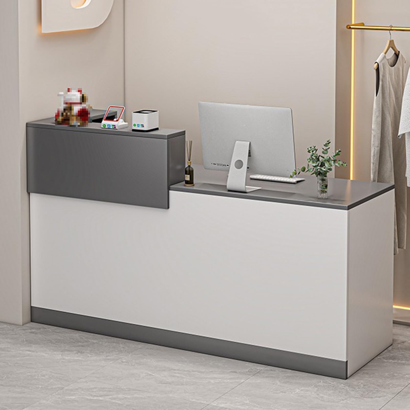 Moderno banco di ricezione con cassetti per supermercati al dettaglio Saloni di bellezza e negozi di abbigliamento Postazione di lavoro per computer in legno a forma di L