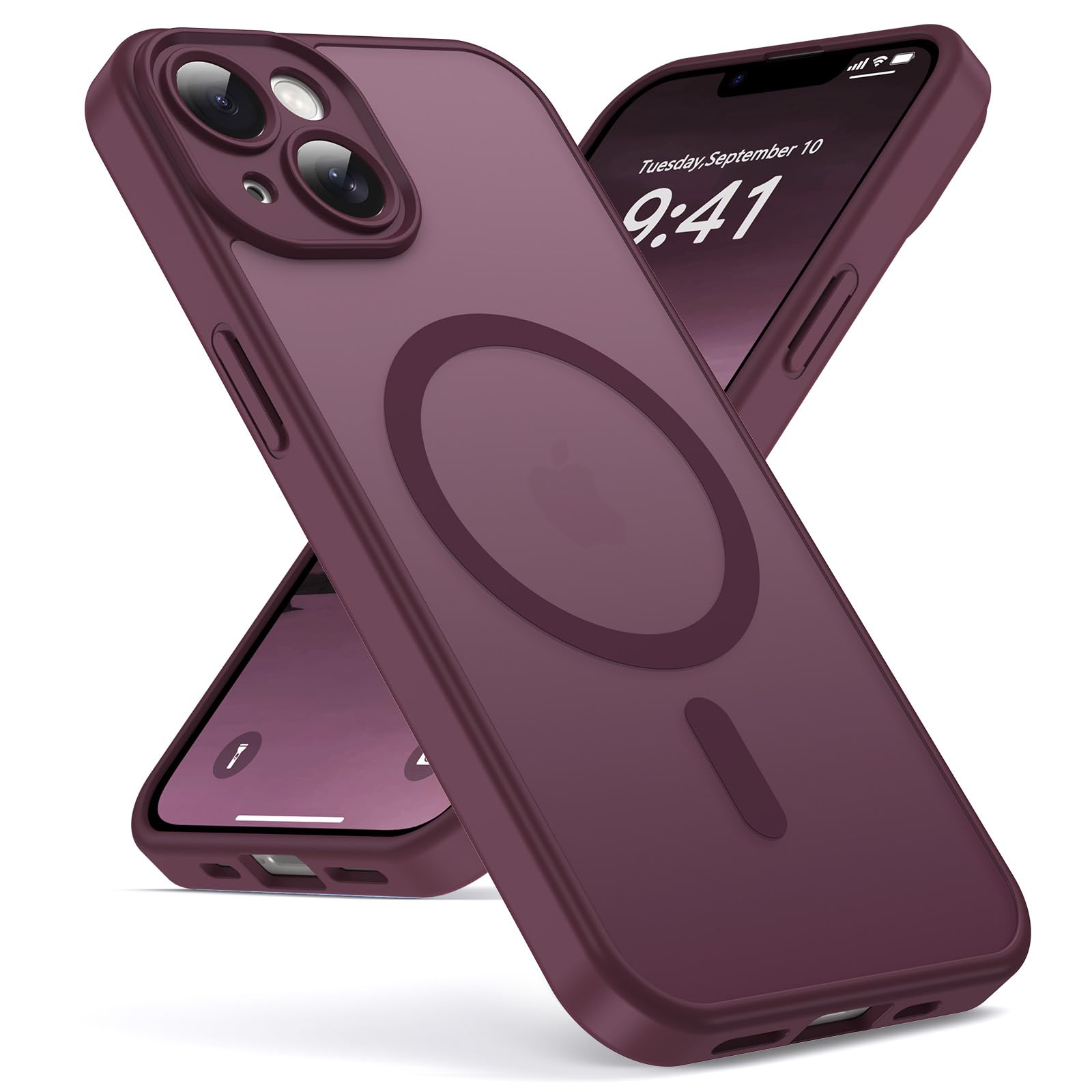 Oududianzi -Cover for iPhone 14 Compatible with MagSafe, Translucent Back PC Silicone TPU Bumper, Camera Protection, Military Shockproof Anti-Fingerprint-Burgundy Cover