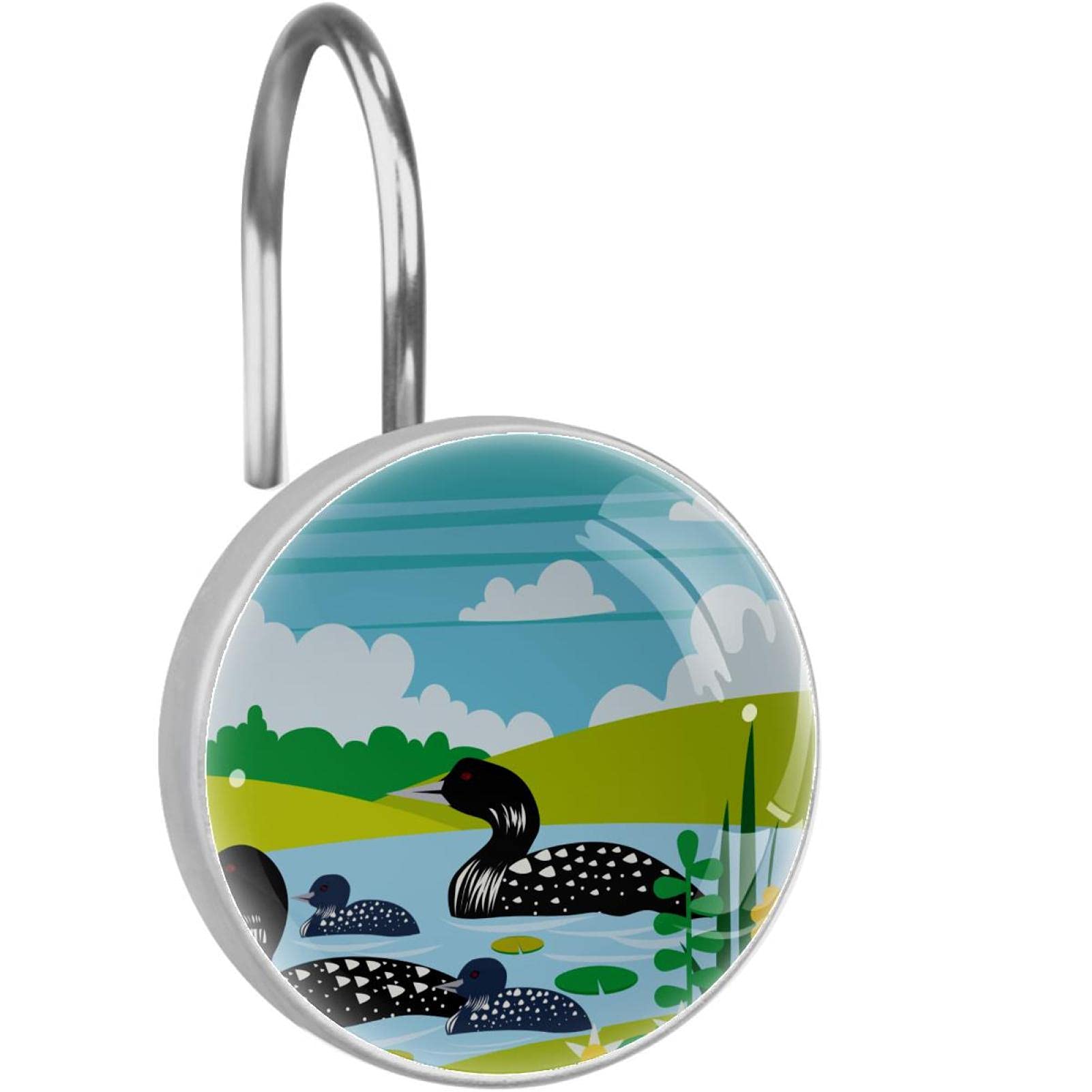 Anneaux en acier inoxydable anti-rouille pour rideau de douche avec décor oiseaux du lac