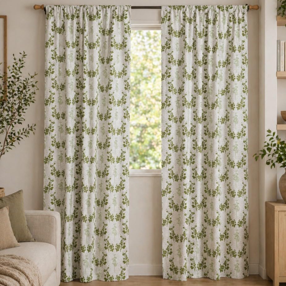 Image of HOMEMONDE Cotton Curtain 8 Feet Long - Floral Printed Room Darkening Long Door Curtain, Rod Pocket Top Style Pack of 2 - (Botanic Hush, 96 Inch)