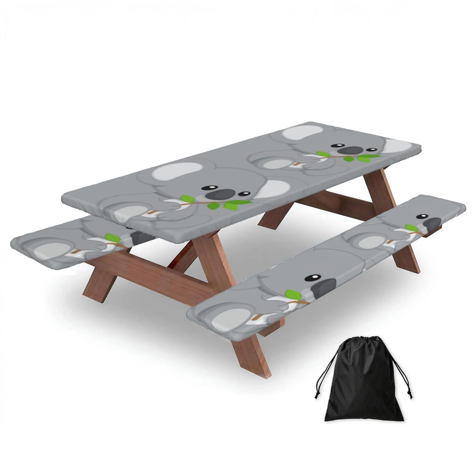 Zyjhyy Black Green Leaf Koala Print Party Table Covers With Bench Covers Set Of 3 Picnic Table Cloth Wipe Clean For Garden Camping