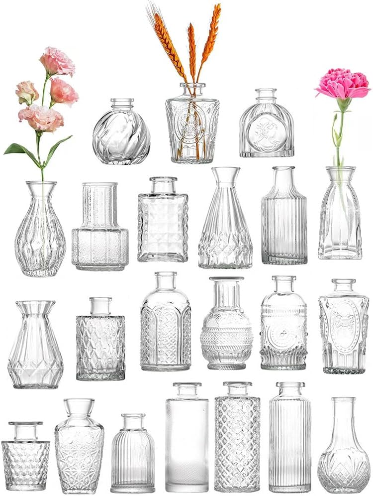 22 Pack Glass Bud Vase Set, Small Flower Vase Set Bud Vases for Wedding Centerpiece Table Decor, Vintage Small Vases for Room Home Dining Party Table Center Decor (Clear Set, 22 Pack)