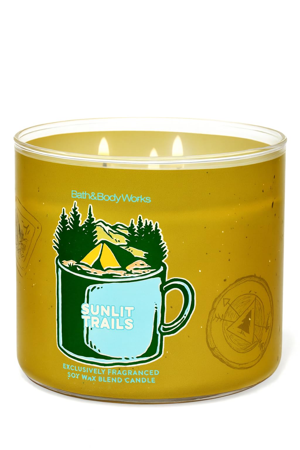 Bath & Body Works Sunlit Trails – Bougie parfumée à 3 mèches – Mélange de cire de soja et de paraffine avec couvercle décoratif, parfum sapin, agrumes et soleil chaud, 411,1 g – Utilisation