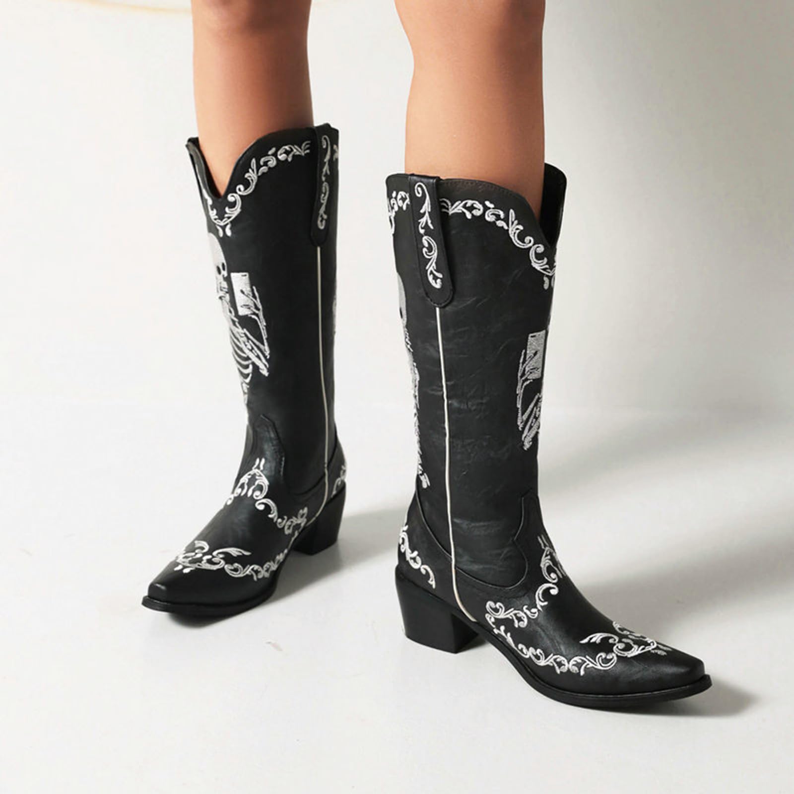 5CM Botas Altas V-Mouth Western Cowboy Boots Botas Knight Botas Punta Alta Punta Gruesa Tacón Medio Botas hasta la Rodilla