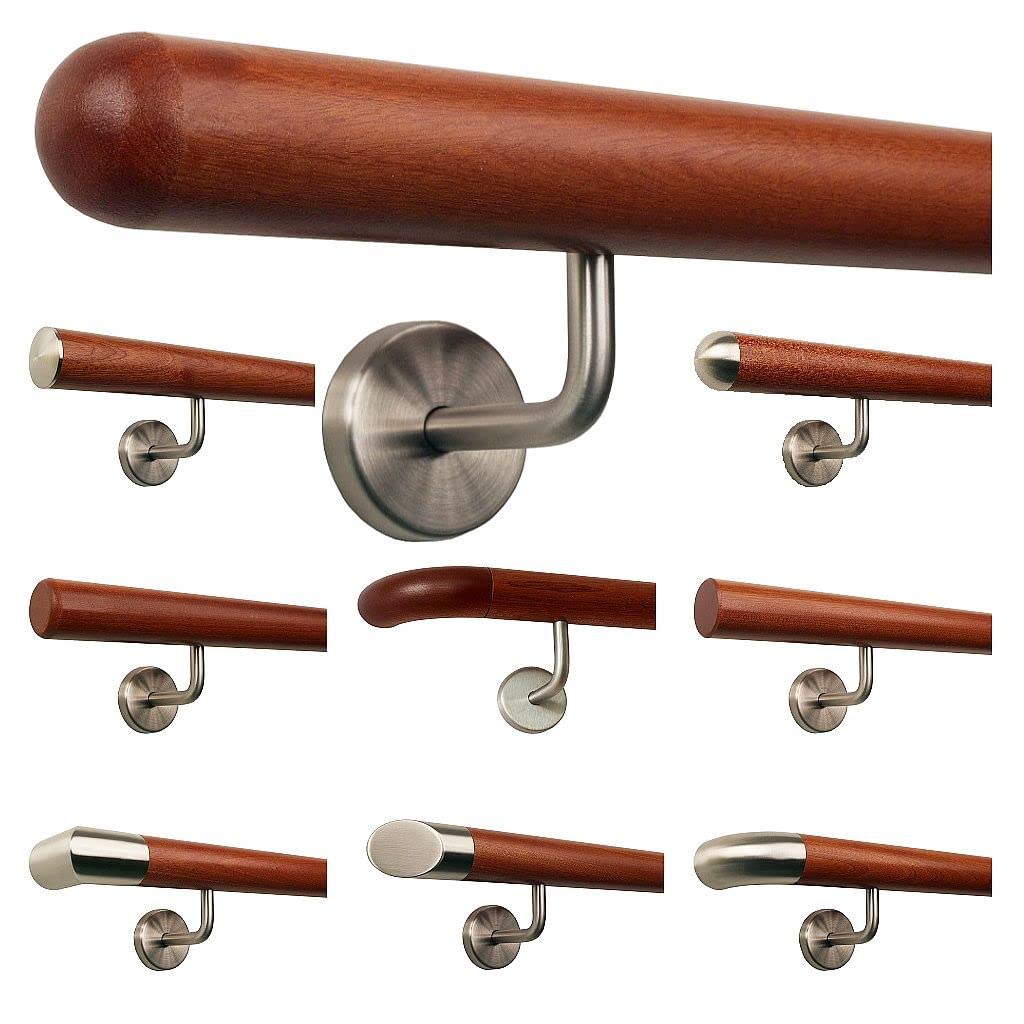TIBU - Corrimano in legno di mogano, corrimano per scale, lunghezza 30-500 cm in un unico pezzo, lunghezza 80 cm con 2 supporti - Estremità sferica mezza scavata