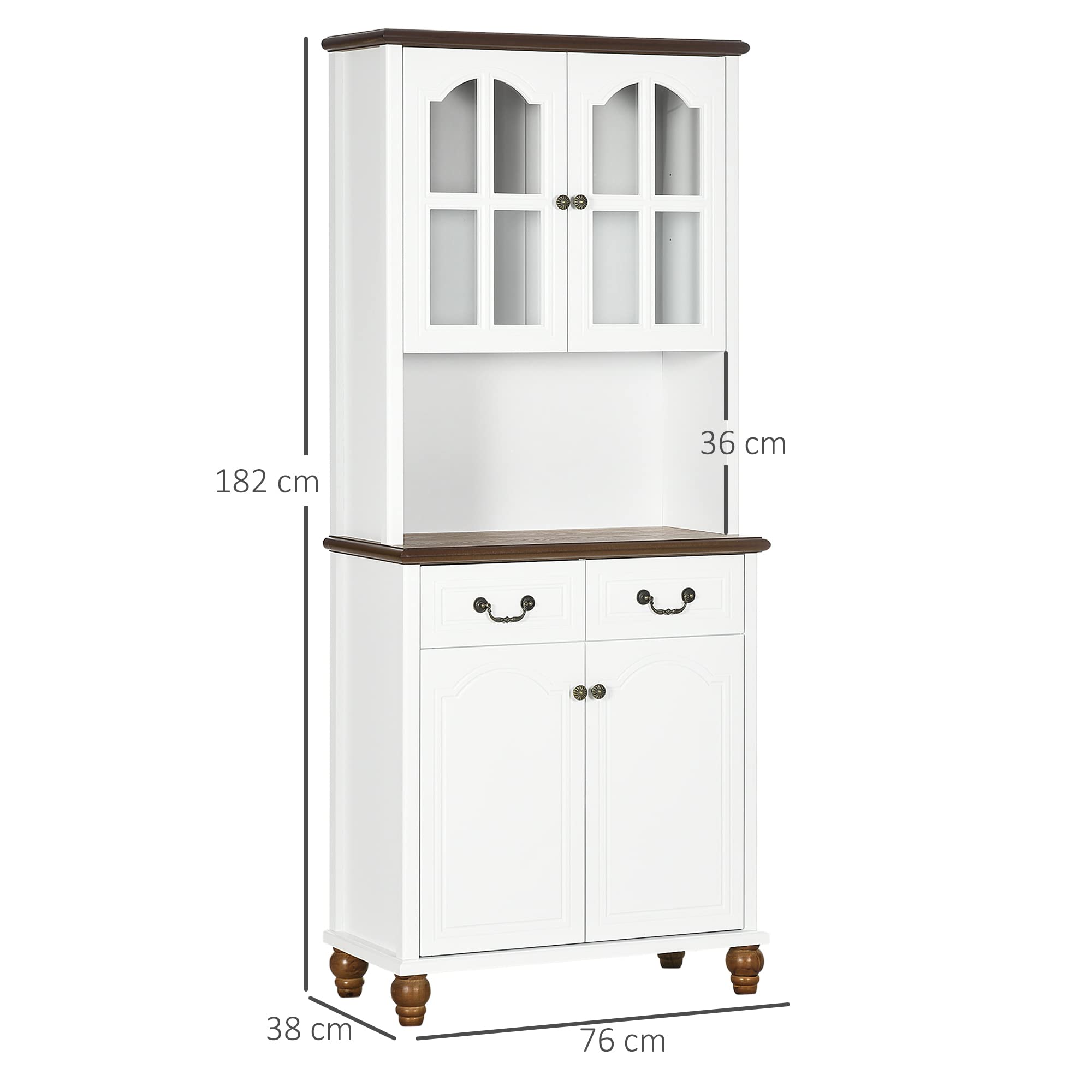 HOMCOM Küchenschrank Hochschrank mit Arbeitsplatte Weiß 76 x 38 x 182 cm | 4 Türen, 2 Schubladen, Buffetschrank, Mikrowellenschrank, Verstellbare Ablagen, Soft-Close-Funktion