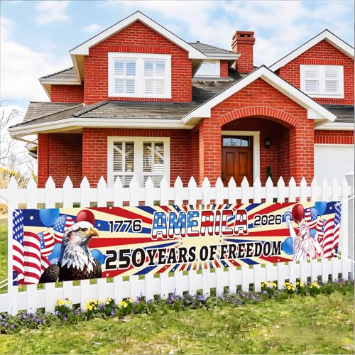 250th American Anniversary Large Banner 120"x20" - USA 1776-2026 Patriotic Large Banner with 4 Grommets - Heavy Duty Outdoor Indoor American Flag Decor for 4th of July, Independence Day, Yard, Porch, Garden Party Decorations (250 Years Long Banner)