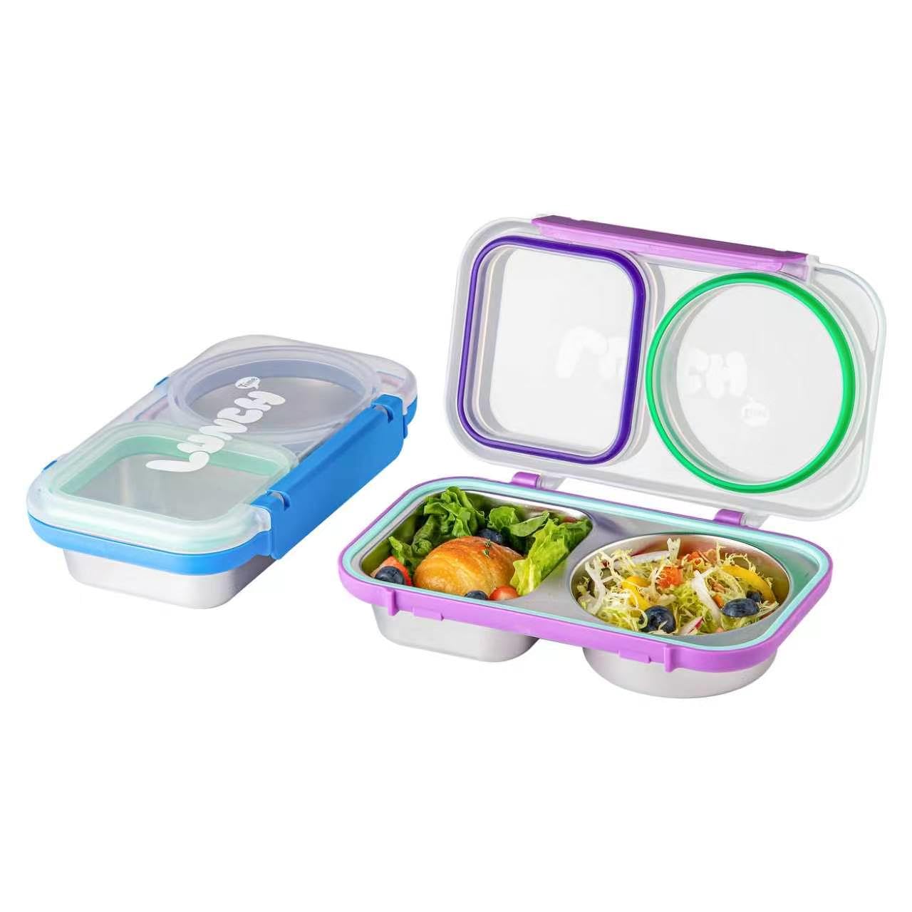 MEEYUU 2 Pack Stainless Steel 2 Compartment Bento Lunch Box with Lids, Reusable On-the-Go Pre-Meal & Snack Storage Containers for Kids, Ideal for Daycare, School, Camping, Picnic (Purple & Blue)