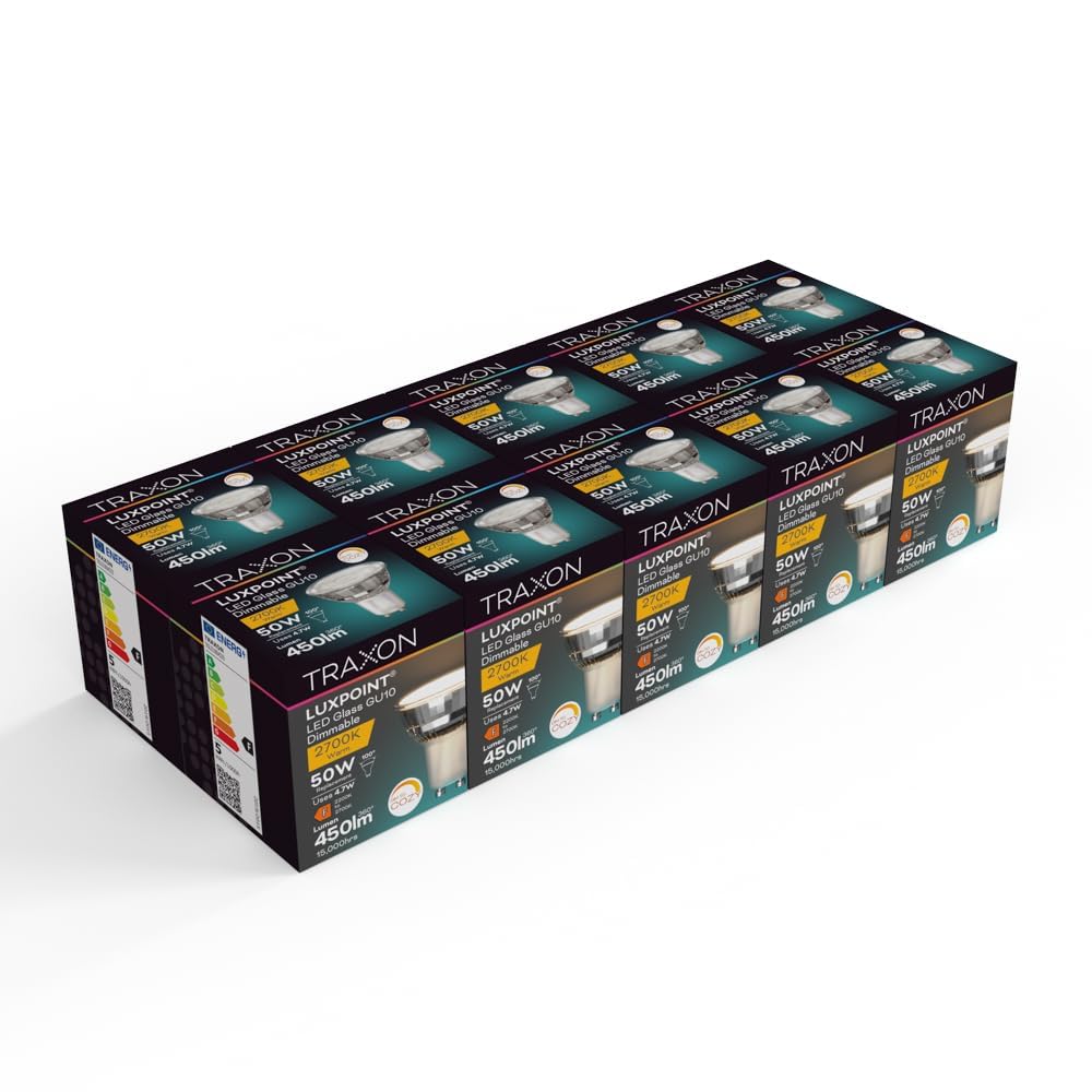 TRAXON LUXPOINT Bombilla LED GU10 Regulable, 4.7W (Equiv. 50W), 450lm, DIM TO COZY 2200-2700K, Ángulo 100°, Luz Cálida Ajustable, CRI Alto (4.7W Pack 20 und)