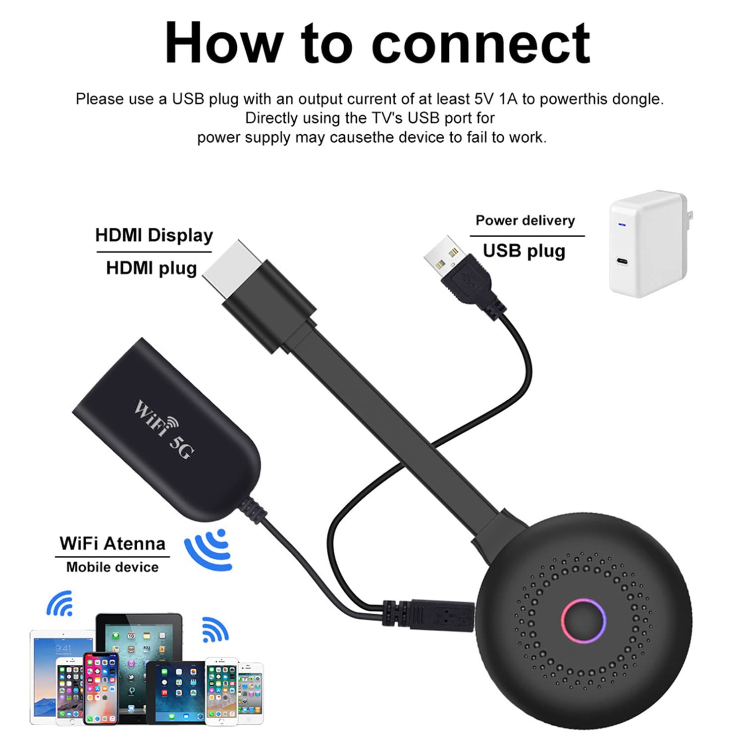 Dongle D'affichage Wifi, Adaptateur HDMI sans fil 1080p pour Diffusion Vidéo de Fichiers D'image, Récepteur TV en Streaming Compatible avec Android/Windows/iOS/Mac, Mise en Miroir vers TV/Projecteur