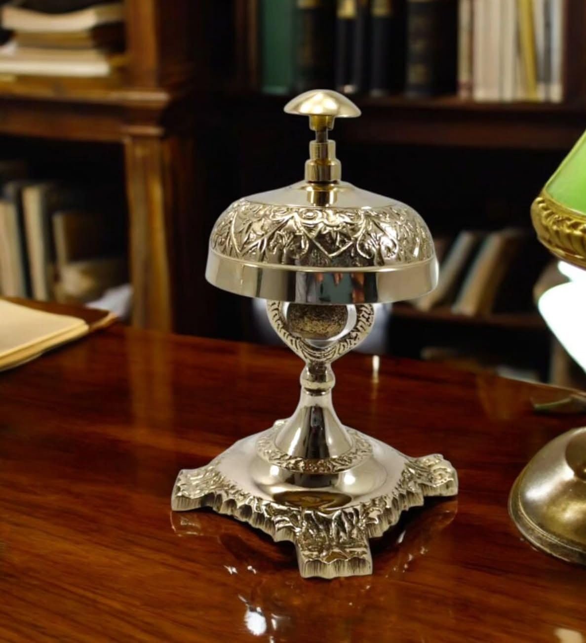 Decorative Service Bell, Silver Finish, Ornate Floral Design, Metal Construction, Reception Desk Call Bell