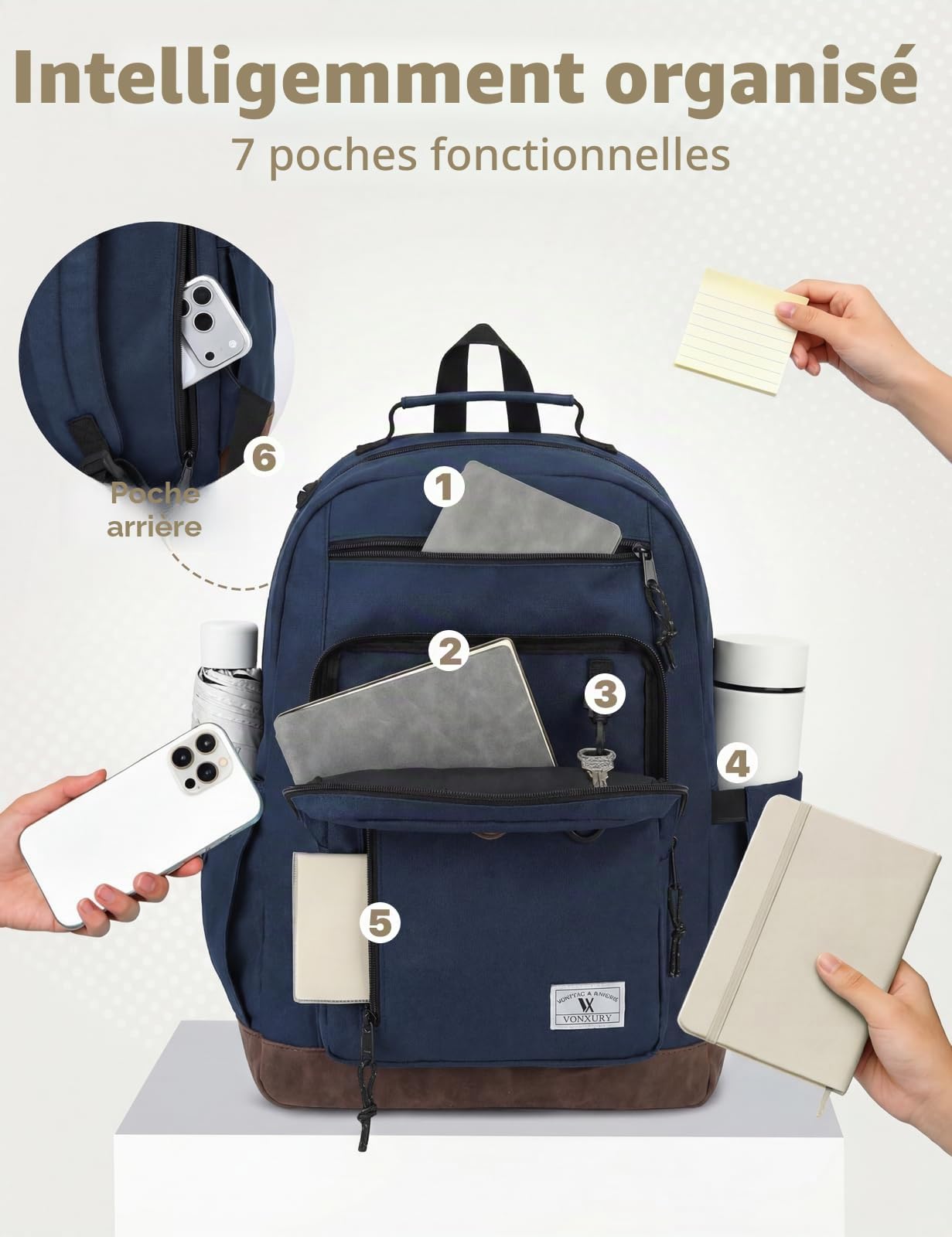 VX VONXURY Sac à Dos Homme Sac a Dos Ordinateur pour 15,6/17 Pouces Sac a Dos Femme Travail avec Multi-Poches Voyage pour Cartable College pour École - 16L