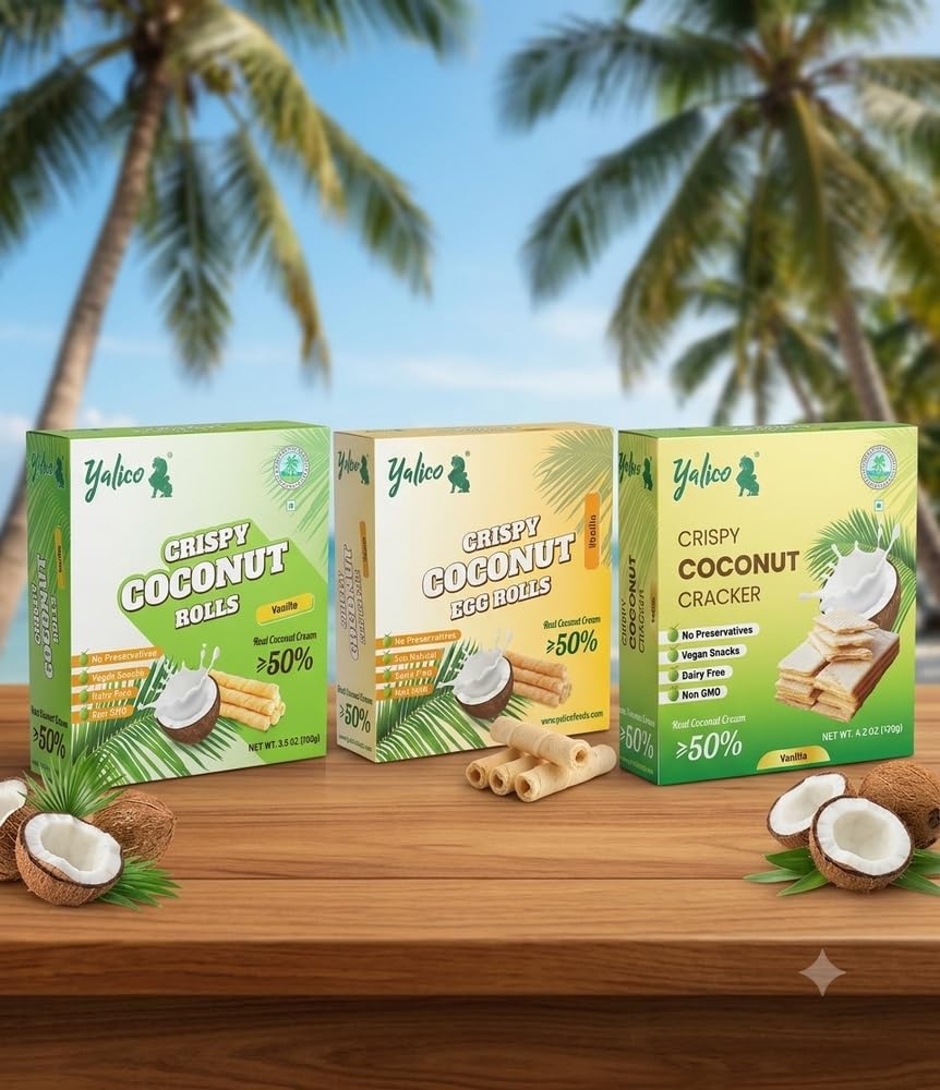Yalico Crispy Coconut Roll, Egg Roll and Cracker, Vanilla Flavour, 3 Box Variety Combination, No Preservatives, Dairy Free, Non GMO, with Organic Milk and Sugar, 340g Each | Pack of 4-image-42