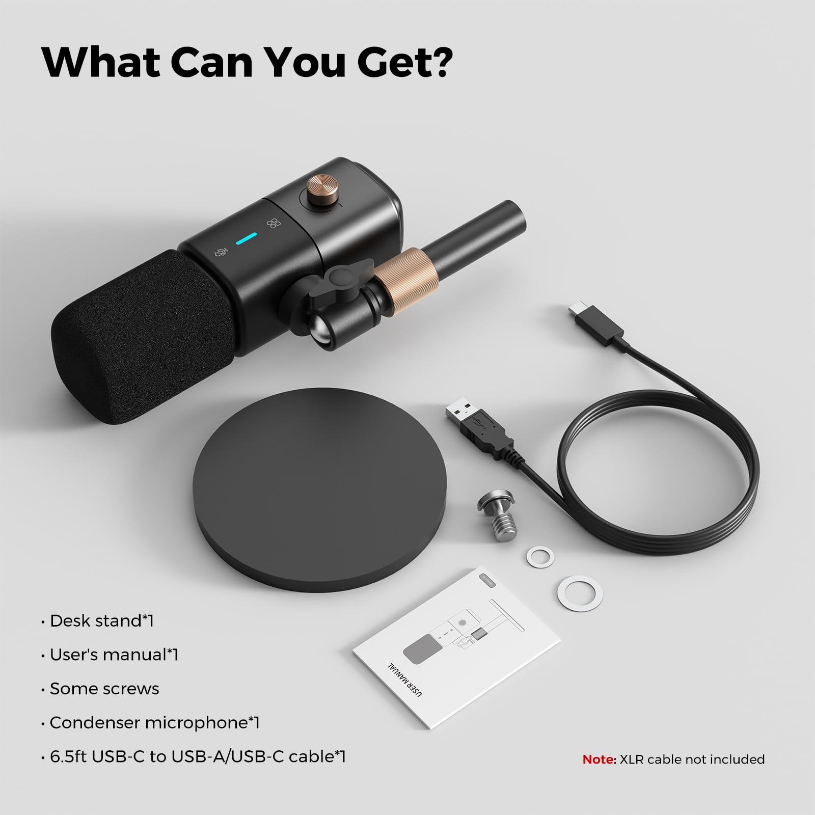 NearStream Micrófono condensador XLR/USB con cancelación de ruido/control de volumen/conector de auriculares/silencio, micrófono de podcast para PC/mezclador de audio, micrófono de escritorio para