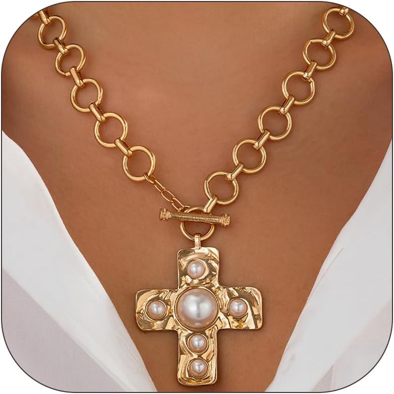 Chunky Cross Necklace for Women Gold Toggle Necklaces Statement Hammered Gold Cross Pendant Jewelry