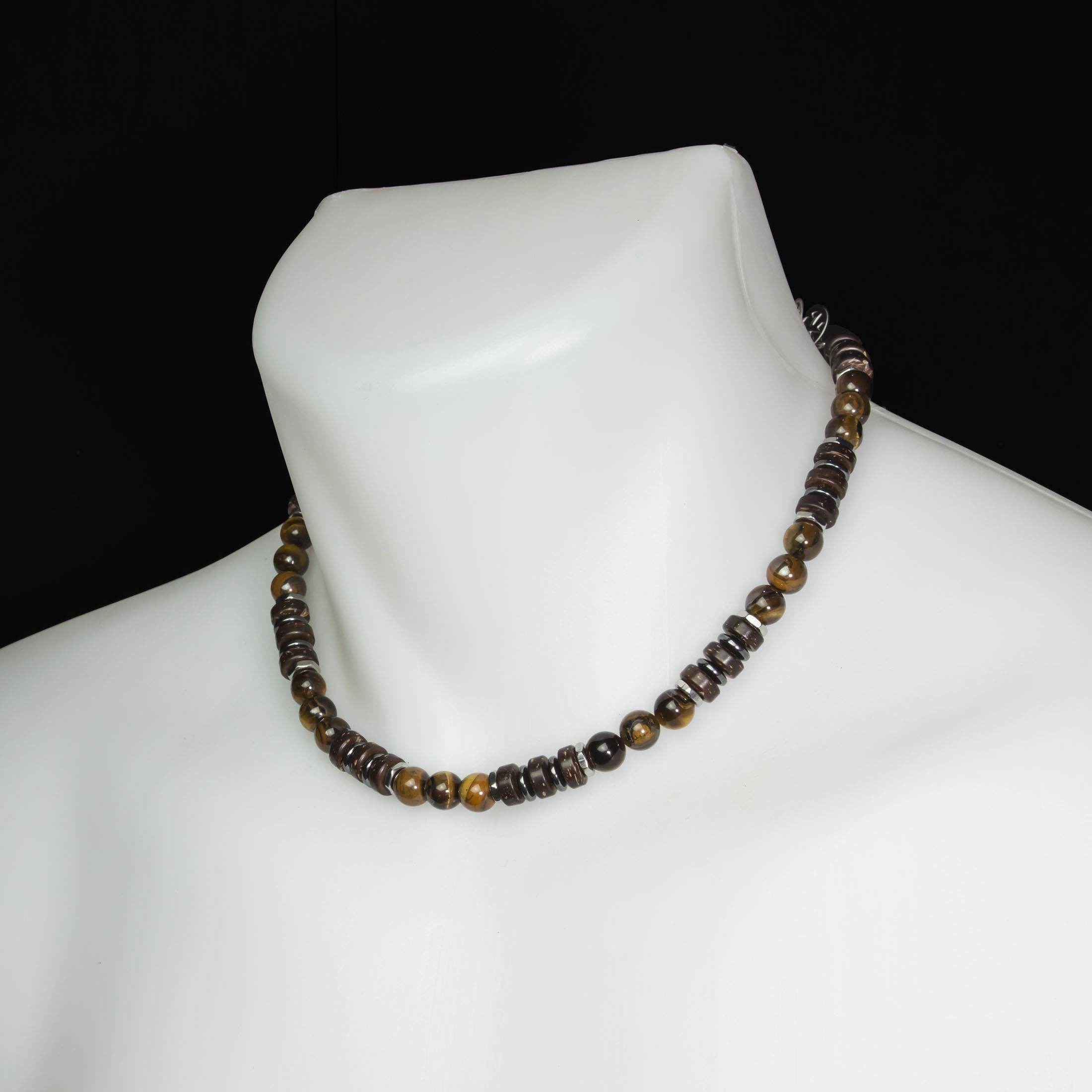Sublime Collier Homme/Femme pierre Naturelle 8mm Œil de tigre bois coco hématite métal inoxydable couleur argent COLLITIGRIN