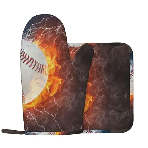 baseball Oven Mitts and Pot Holders Sets Cooking Gloves Oven Gloves Set Non Slip Microwave Mitts Pot Holder Heat Resistant Pads for Kitchen Cooking Baking Grilling
