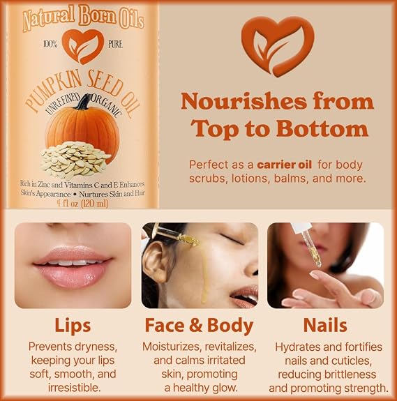 Natural Born Oils Pumpkin Seed Oil, 16oz, Organic, Cold-Pressed, Nutrient-Rich, Excellent for Radiant Skin, Lustrous Hair