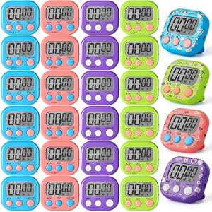 24 Pcs Multi-Function Electronic Timer Small Digital Kitchen Timer Digital Timer with Stickers Magnetic Back for Cooking Classroom Study Gym with Countdown/Up Mode,4 Colors