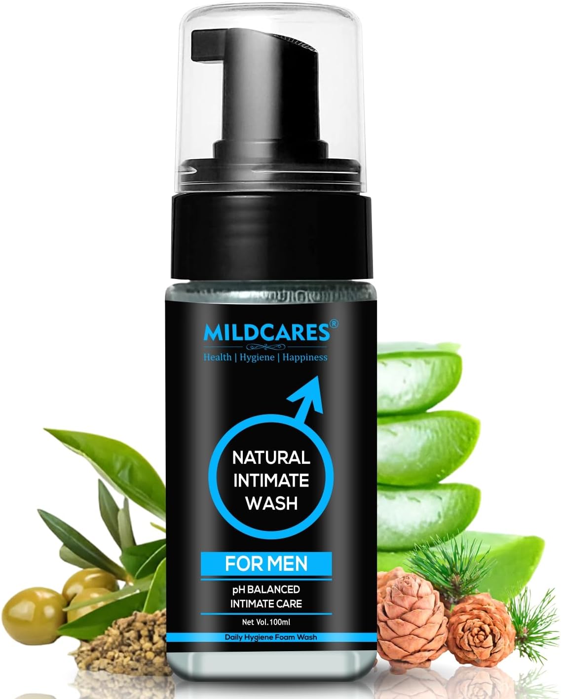 Mildcares Natural Intimate Wash For Men 100ml | Hydrates & Moisturizes | Foam Based, pH Balanced & Anti-Fungal | Tea Tree & Lemon Oil | For Dryness, Itchiness & Odour | Pee Safe Wash For Men & Boys