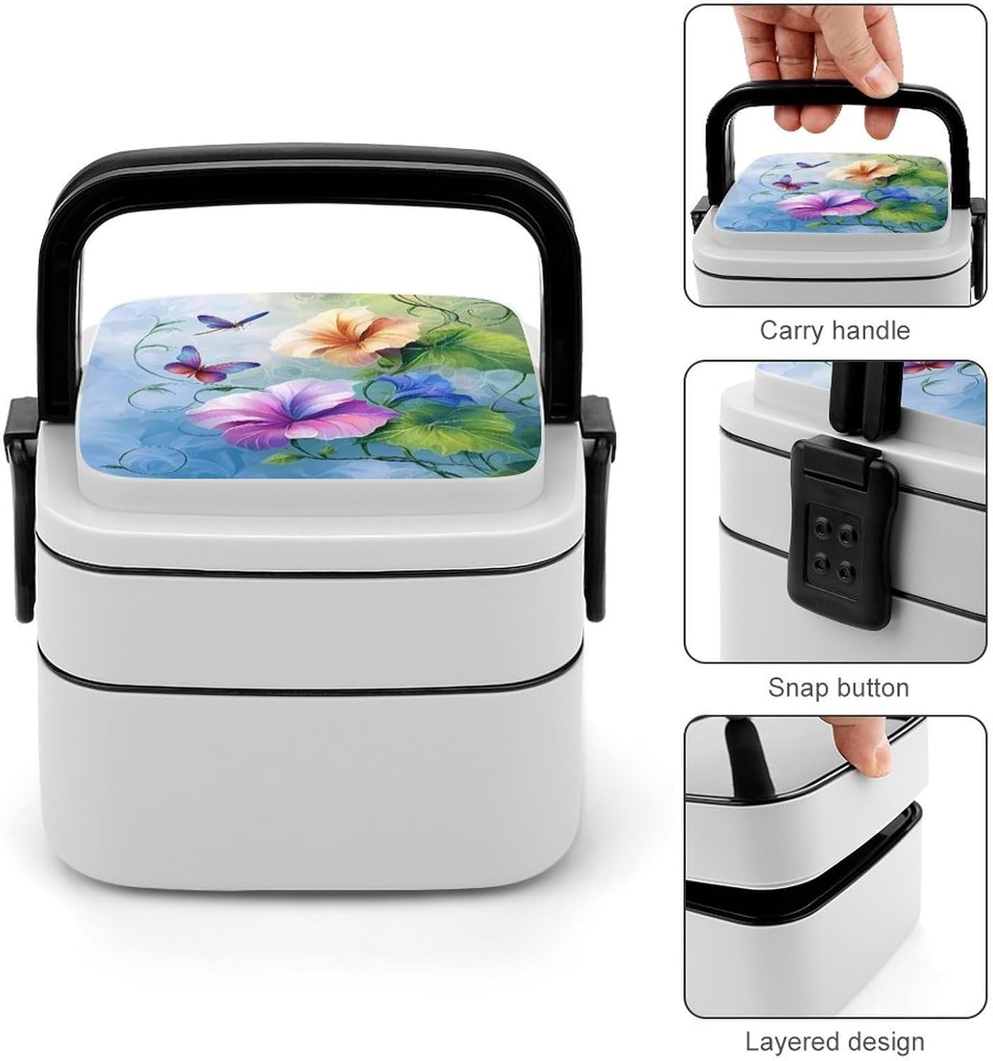 Dragonfly Cup Shaped Romantic Flowers Bento Box with Spoon 2 Layer Food Container Cute Lunch Box for Travel Dining Work