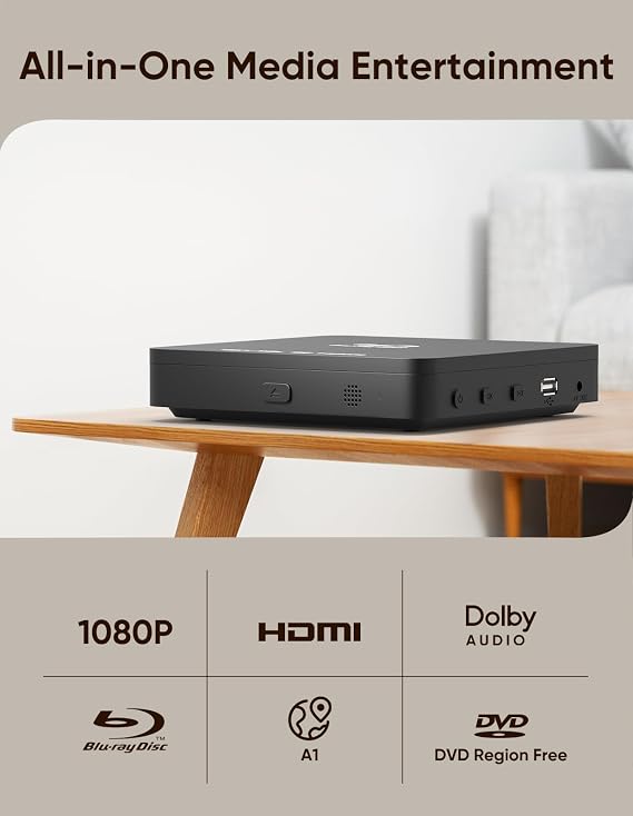 Blu Ray Player 1080P Blu-ray Disc Player for Home Cinema, Dolby Audio/DTS, Plays All DVDs and Region A 1 Blu Rays, Supports 128GB USB Stick, with HDMI and AV Output Connection Cable, NTSC US Standard