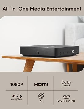 Blu Ray Player 1080P Blu-ray Disc Player for Home Cinema, Dolby Audio/DTS, Plays All DVDs and Region A 1 Blu Rays, Supports 128GB USB Stick, with HDMI and AV Output Connection Cable, NTSC US Standard