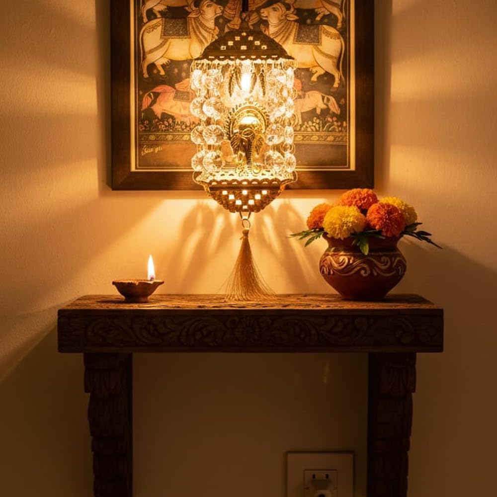 Premium Ganesha Hanging Lantern Light - Clear Bead Decorative Pendant Lamp for Wall, Balcony & Living Room | Warm White LED, Elegant Metal Design, Perfect for Diwali, Pooja Room & Home Décor-image-23
