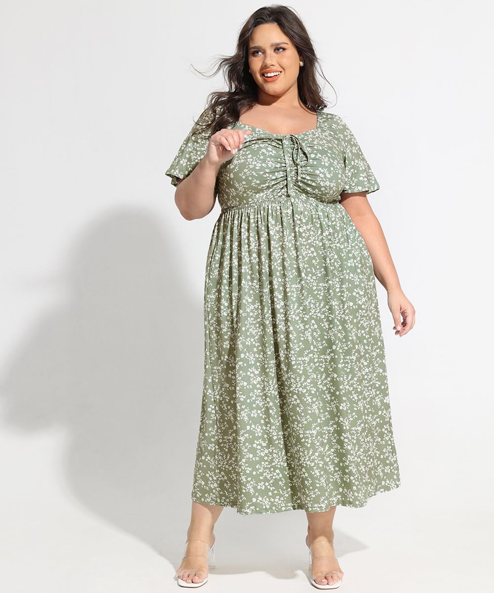 CARCOS Plus Size Dresses for Curvy Women Tie Sweetheart Neck Summer Maxi Dress Short Sleeve Empire Waist Floral Boho Dress - Image 3