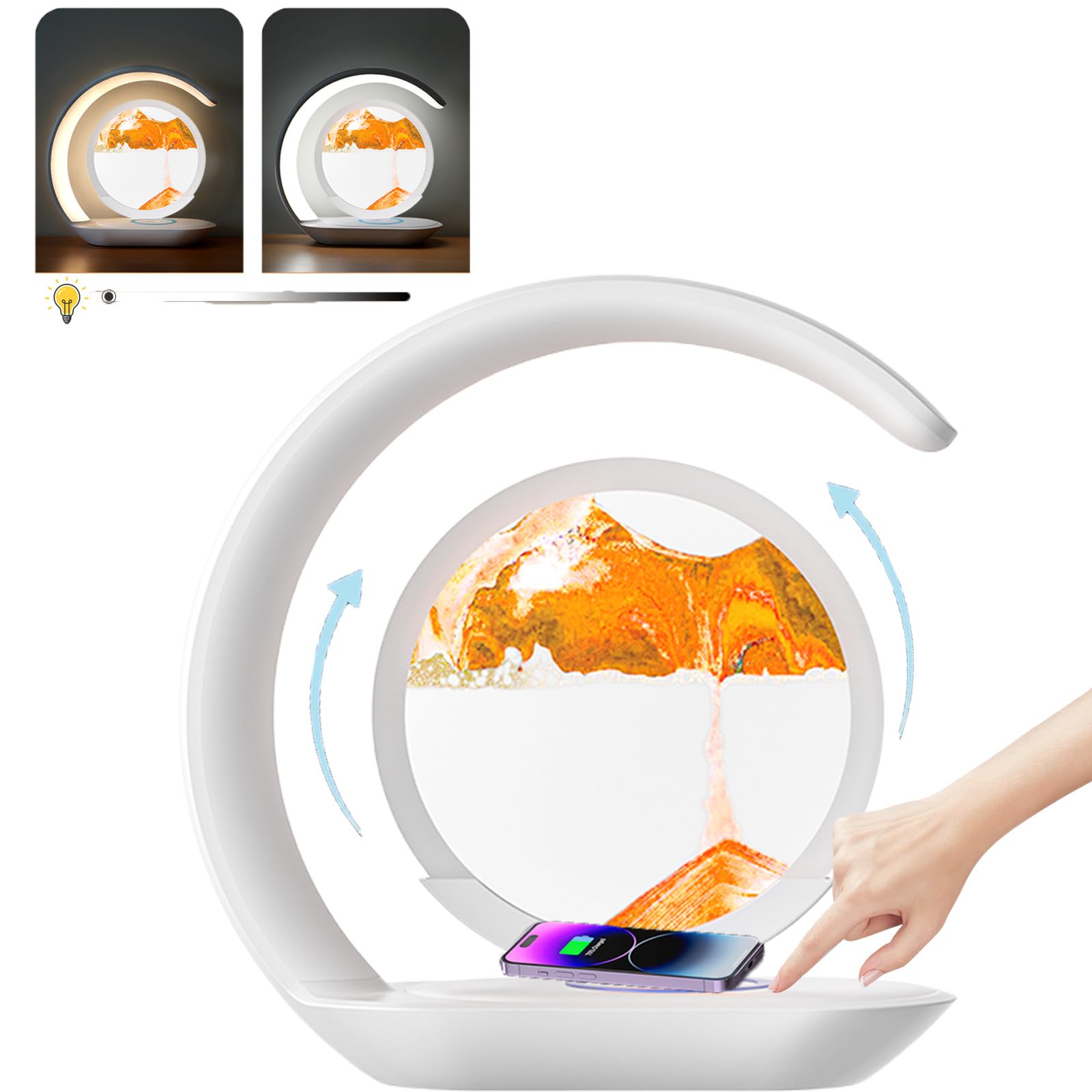 table lamp moving sand art lamp with wireless charger 360° rotating 3d hourglass lights 2 color cordless night light , touching control dimmable quicksand beside lamp for Restaurant bedroom,Yellow