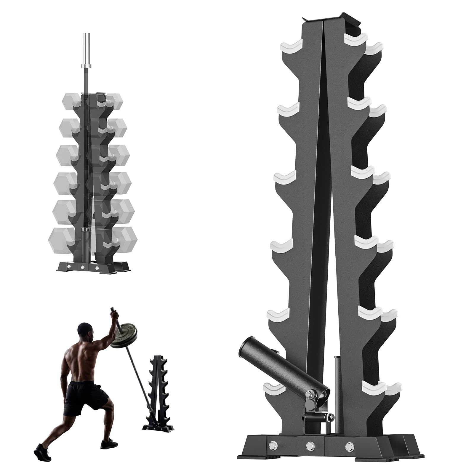 A-Frame Dumbbell Stand, Dumbbell Barbell Storage &amp; T Bar Row for Home Gym