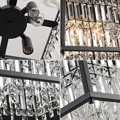 Image of LMQNINE Farmhouse Chandelier - Black Metal Crystal Pendant Light for Kitchen, Dining Room, Living Room - Flat & Inclined Ceiling (Trapezoid -11.81in)