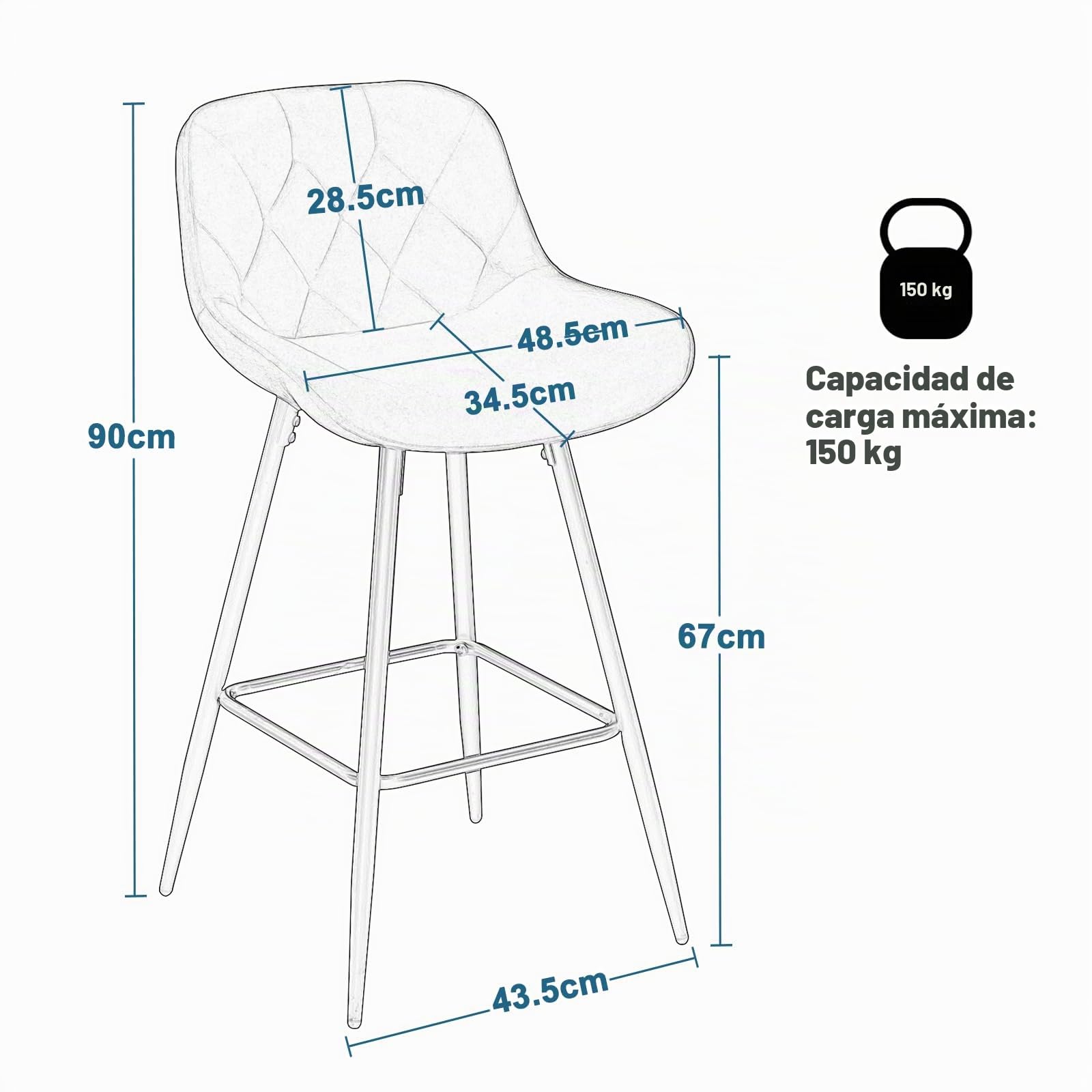EUGAD Taburetes Altos de Cocina con Respaldo, Negro | Set de 2, para Bar y Cafetería, Terciopelo