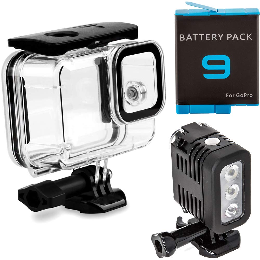 Ultimaxx 50M Underwater Housing for GoPro HERO9 / HERO10 Action Cameras with Underwater Video Starter Bundle: Includes – Ultimaxx Lithium-Ion Battery for GoPro Hero 9 & Waterproof LED Video Light