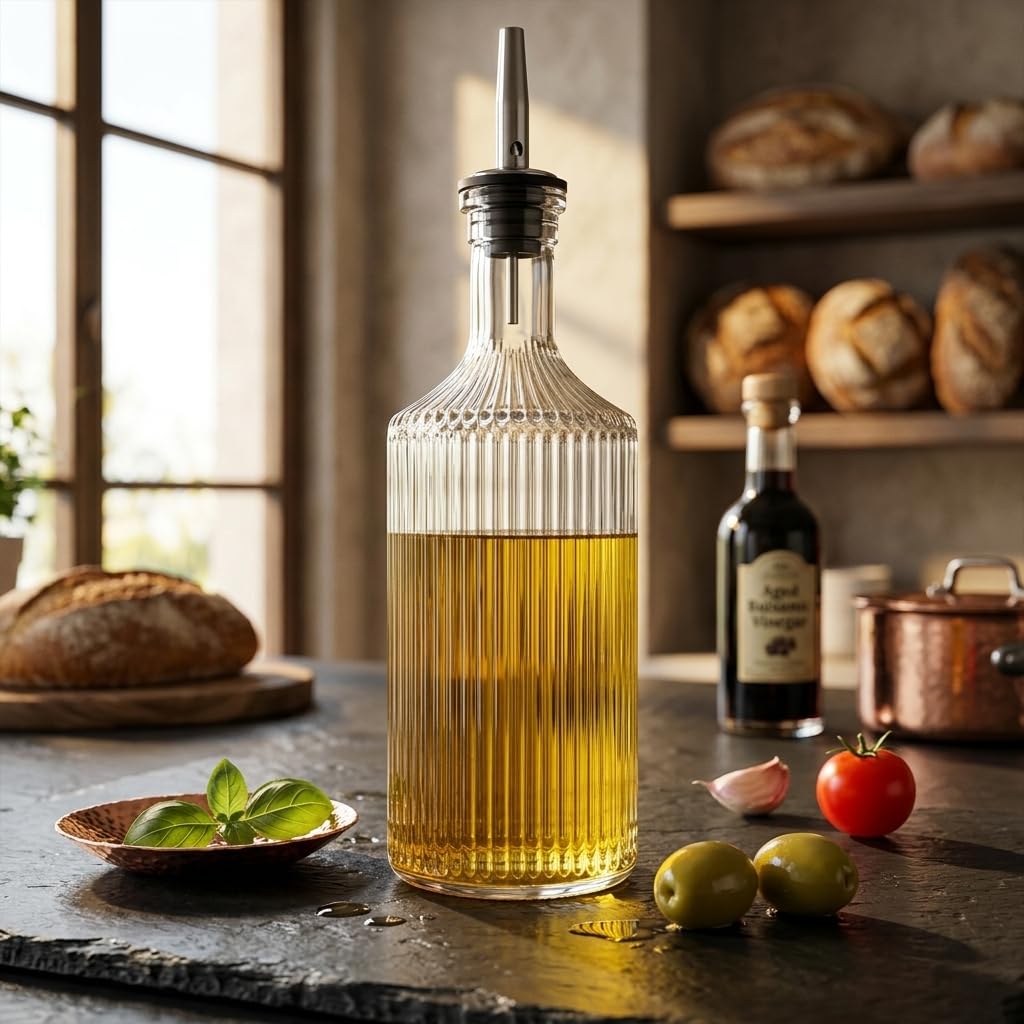 Deconox 2'li Pure Model Şeffaf Cam Yağdanlık Seti - Optikli (Çizgili) Tasarım, Paslanmaz Akıtmaz Uçlu Yağ ve Sirke Şişesi (750 ml x 2 Adet)