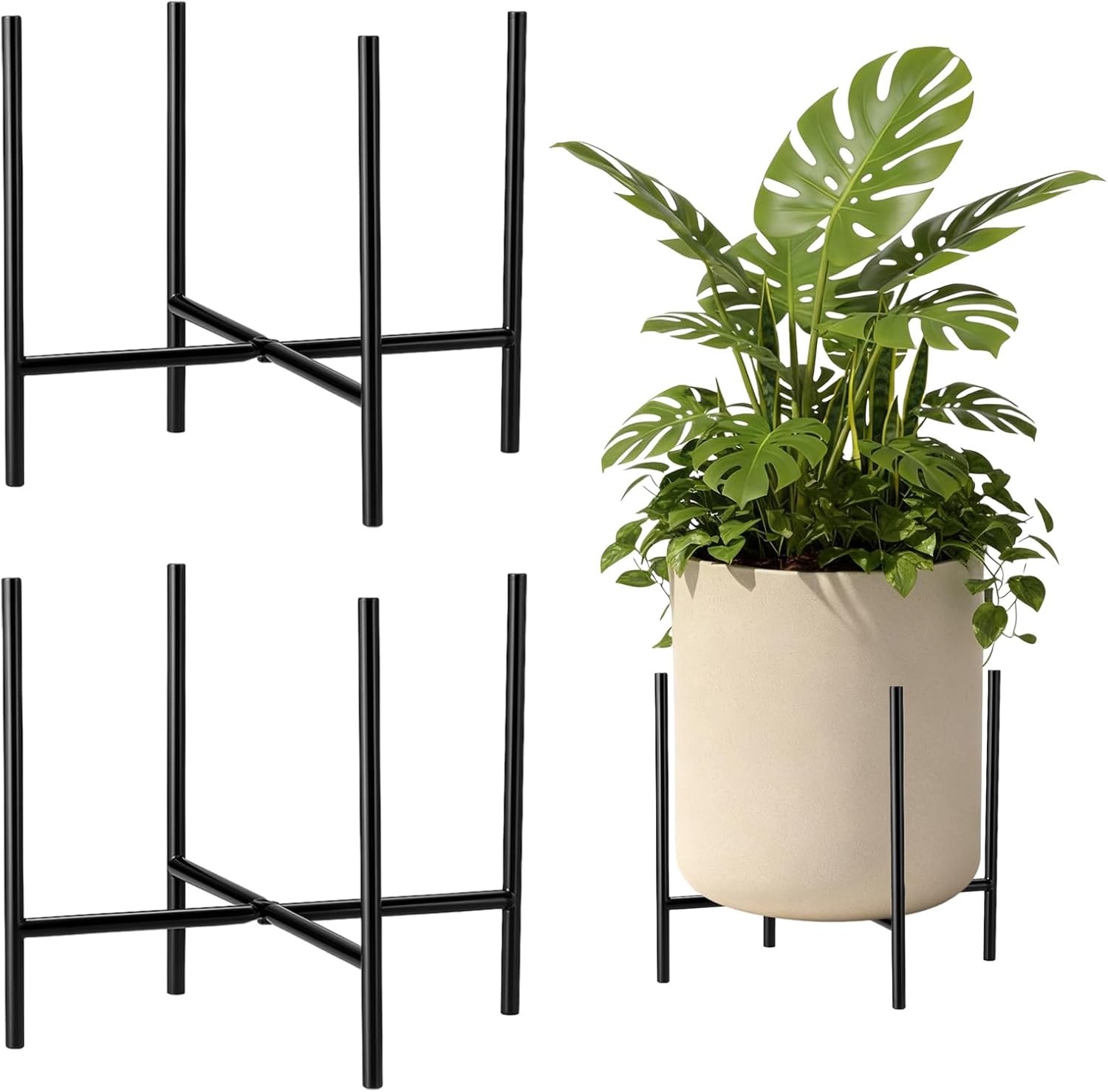 Colingmill 2 Pack Metal Plant Stand for 15" Large Planter Heavy Duty Plant Pot Holder Riser for Indoor Outdoor, Tall Mid Century Modern Flower Pot Stand for Patio Garden Balcony Window, Black