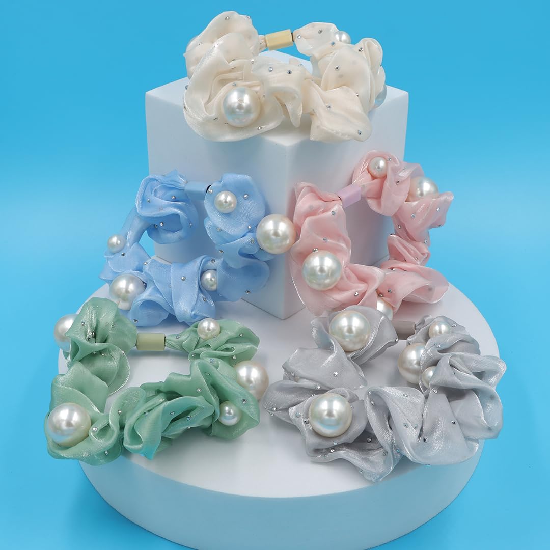 Myra Collection 5 Colorfulful Satin Scrunchies Band Pearl Stone Scrunchies Band Hair Accessories For Girls And Women (B0CP93R7CY) Amazon Price History, Amazon Price Tracker