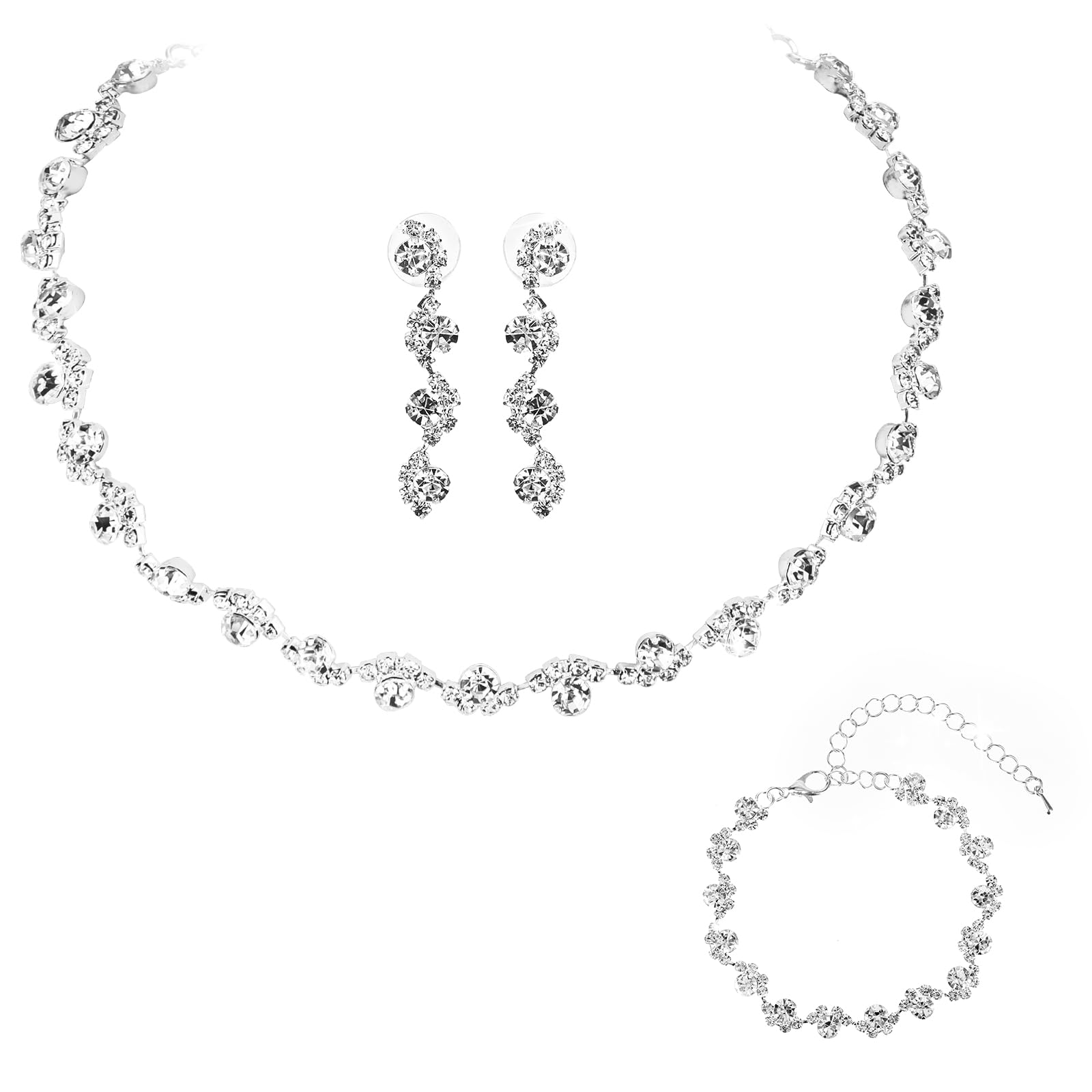 Yolev Joyería de Boda para Novia Conjunto de Joyería de Plata para Graduación Collar de Dama de Honor Pulsera Pendientes Colgantes Joyería de Cristal de Diamantes de Imitación para Mujeres Niñas