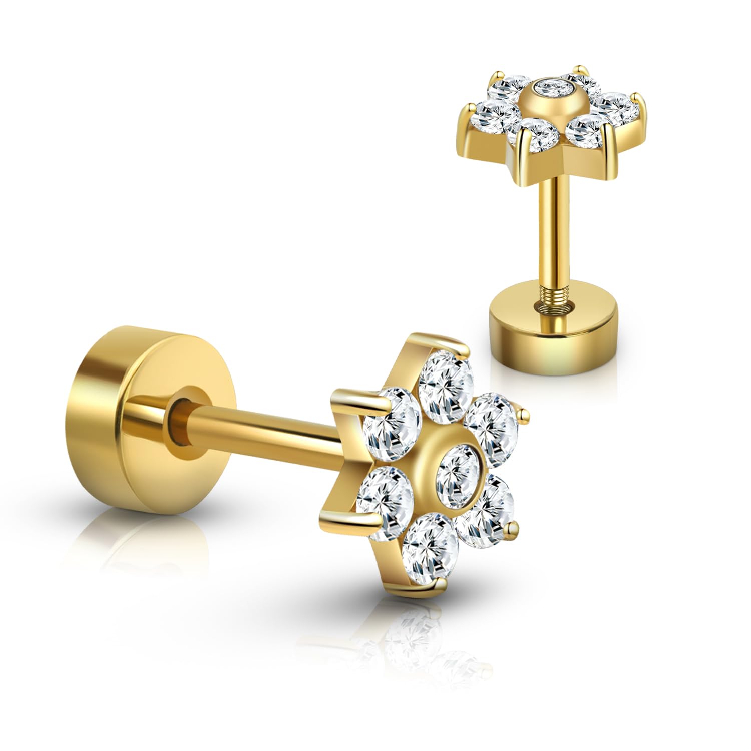 XUU Titanium Flat Back Cartilage Stud Earrings 20G 8mm Post Externally Threaded Labret with CZ Crystal gems Hypoallergenic