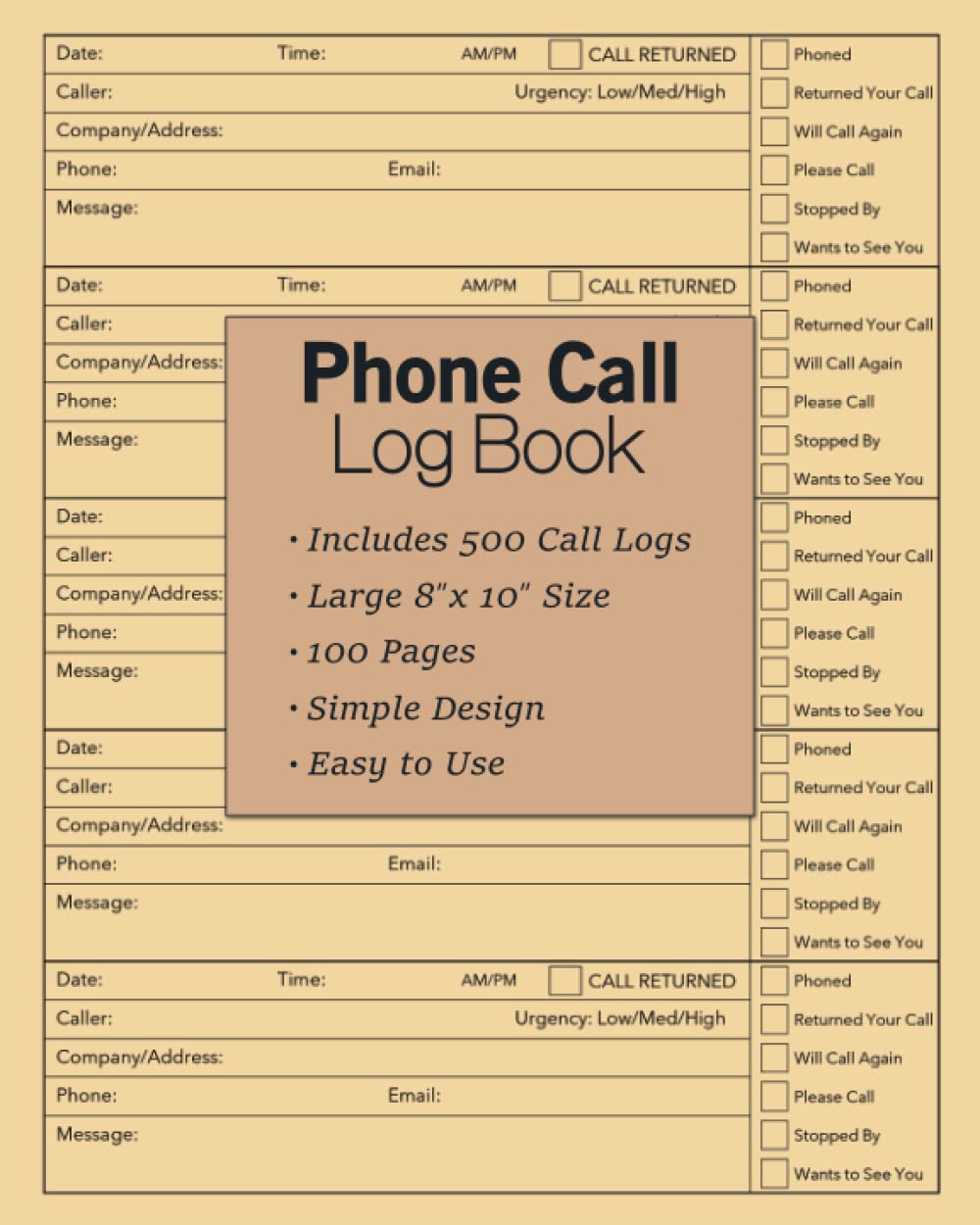 Phone Call Log Book: Voicemail Message Notebook with Space for 500 Call Logs, 8 x 10 Telephone Message Book for Home or Business