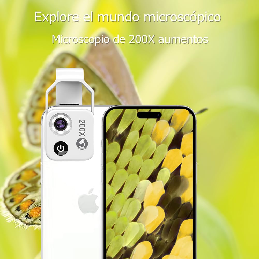 BIGFOX Microscopio de Teléfono con Luz LED, Portátil Microscopio HD 200X con Filtro CPL e Clip Universal para 99% Smartphone Niños y Adultos Exploran el Microcosmos(Plata)