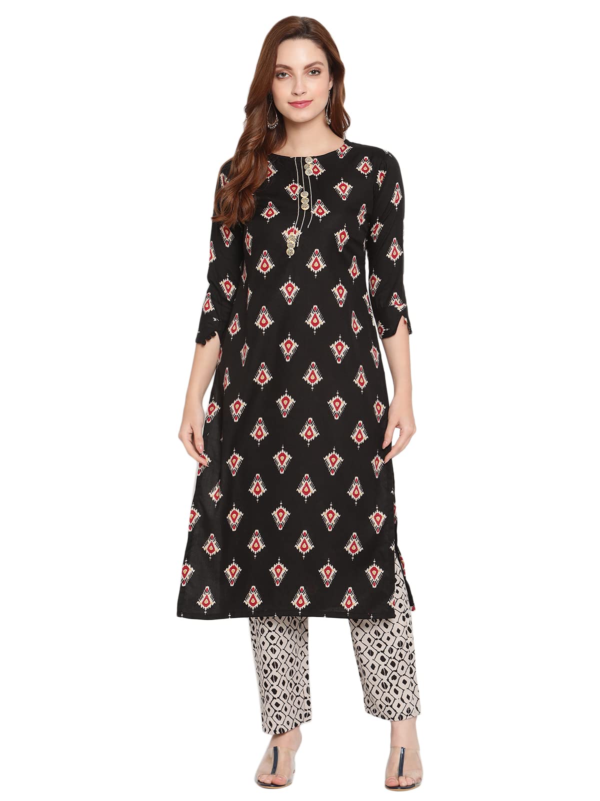 Shasmi Women's Black Cotton Straight Kurta With Checkered Trouser (Kurta 25 Black Xxl)