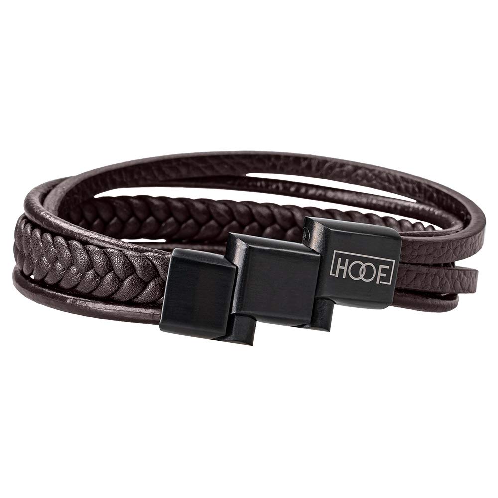 HOOF Bracelet pour homme en cuir véritable tressé noir/marron - 19,5 à 27 cm - Fermoir magnétique - Acier inoxydable - Élégant coffret à bijoux - Cadeau pour homme, ami, partenaire jusqu'à XXXL, 26