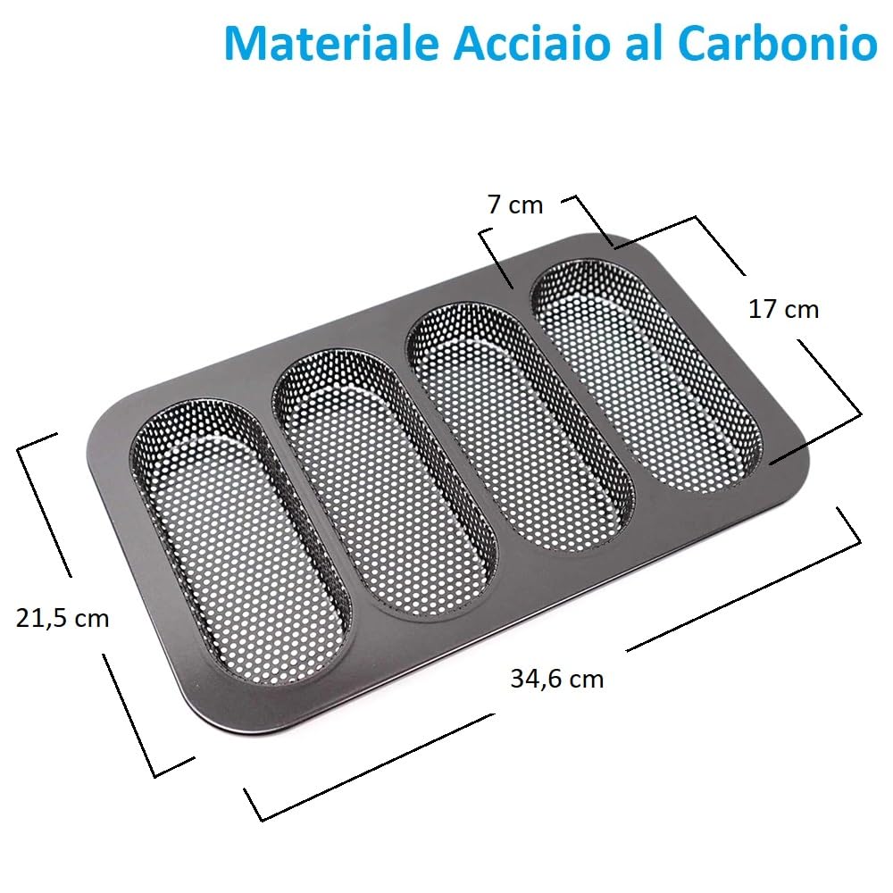 PALUPLUS Stampo per Pane, Misura 34,6x21,5 cm, Teglia da Forno in Acciaio al Carbonio Antiaderente, 4 Forme Forate da 7x17 cm per Mini Baguettes, Resistente fino a 230° -3995F