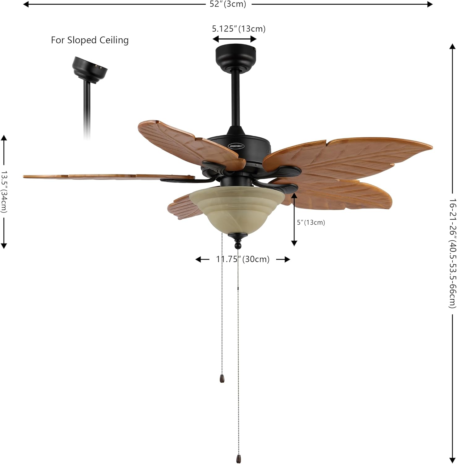 JONATHAN Y 52" Light Brown Coastal Bohemian Palm Leaf LED Ceiling Fan, 3-Light Rustic Wood Blades with Pull Chain for Living Room, Frosted Glass Shade, LED Bulbs Included (JYL9720C)