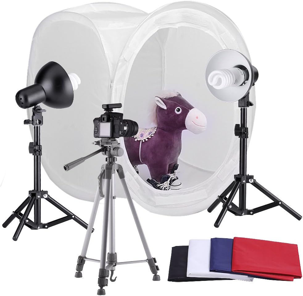 Table Top Round Photography Studio Tent Lighting Kit, Kit includes: (1)24x24"/60x60cm Round Photo Studio Light Folding Tent + (4)Colored Internal Backgrounds(Black + White + Red + Blue) + (2)18"/45cm Table Top Light Stands + (2)Light Heads with Reflector + (2)110V 45W Day-Light Studio Light Bulbs + (1)Adjustable 50"/127cm Camera Tripod Stand