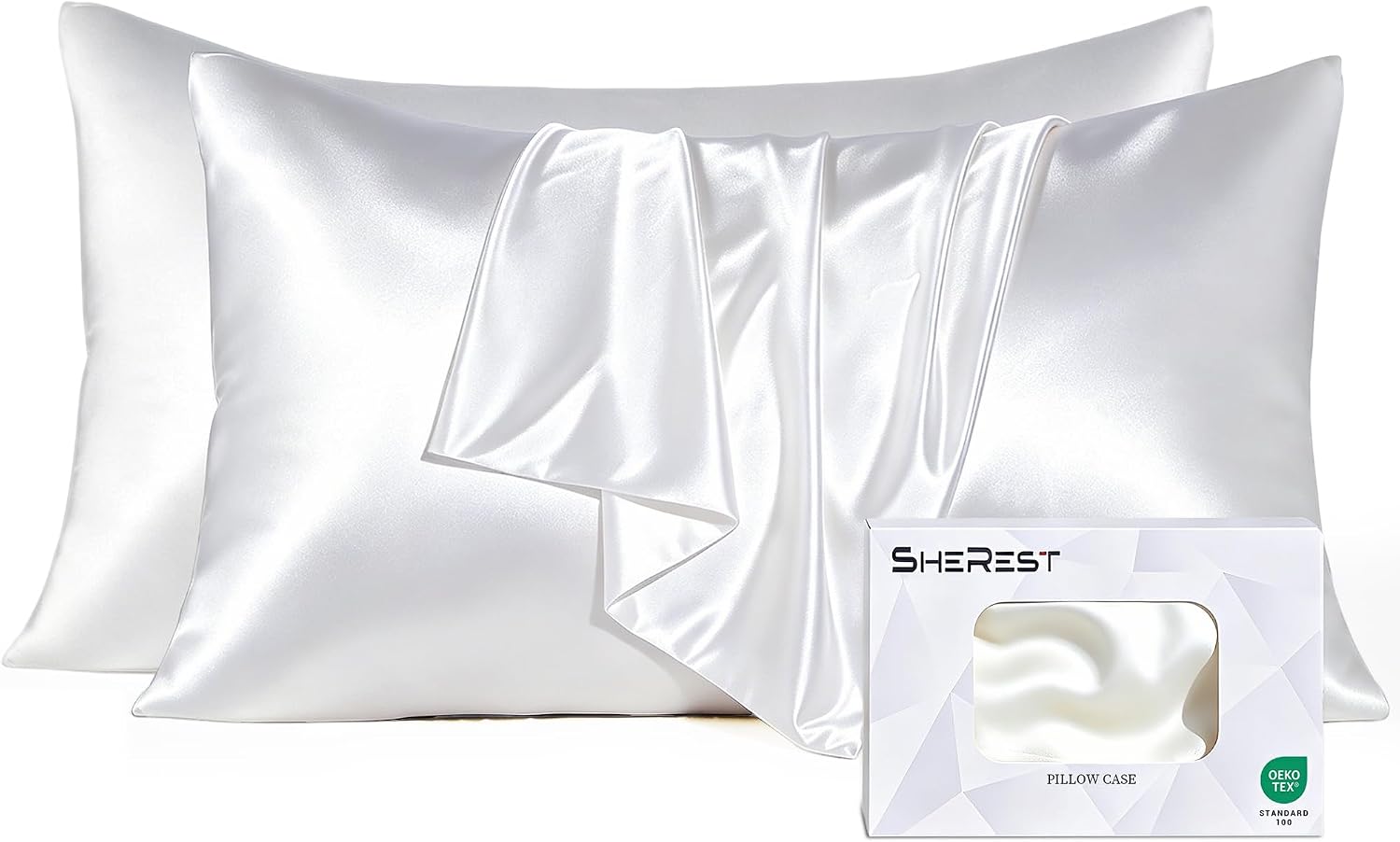 SheRest Cooling Satin Pillowcase for Hair and Skin - Beyond Silk, Buttery Soft Hidden Zipper Pillow Covers - Anti-Frizz Pillow Cases Standard Size Set of 2, Gifts for Men and Women (White, 20"x26")
